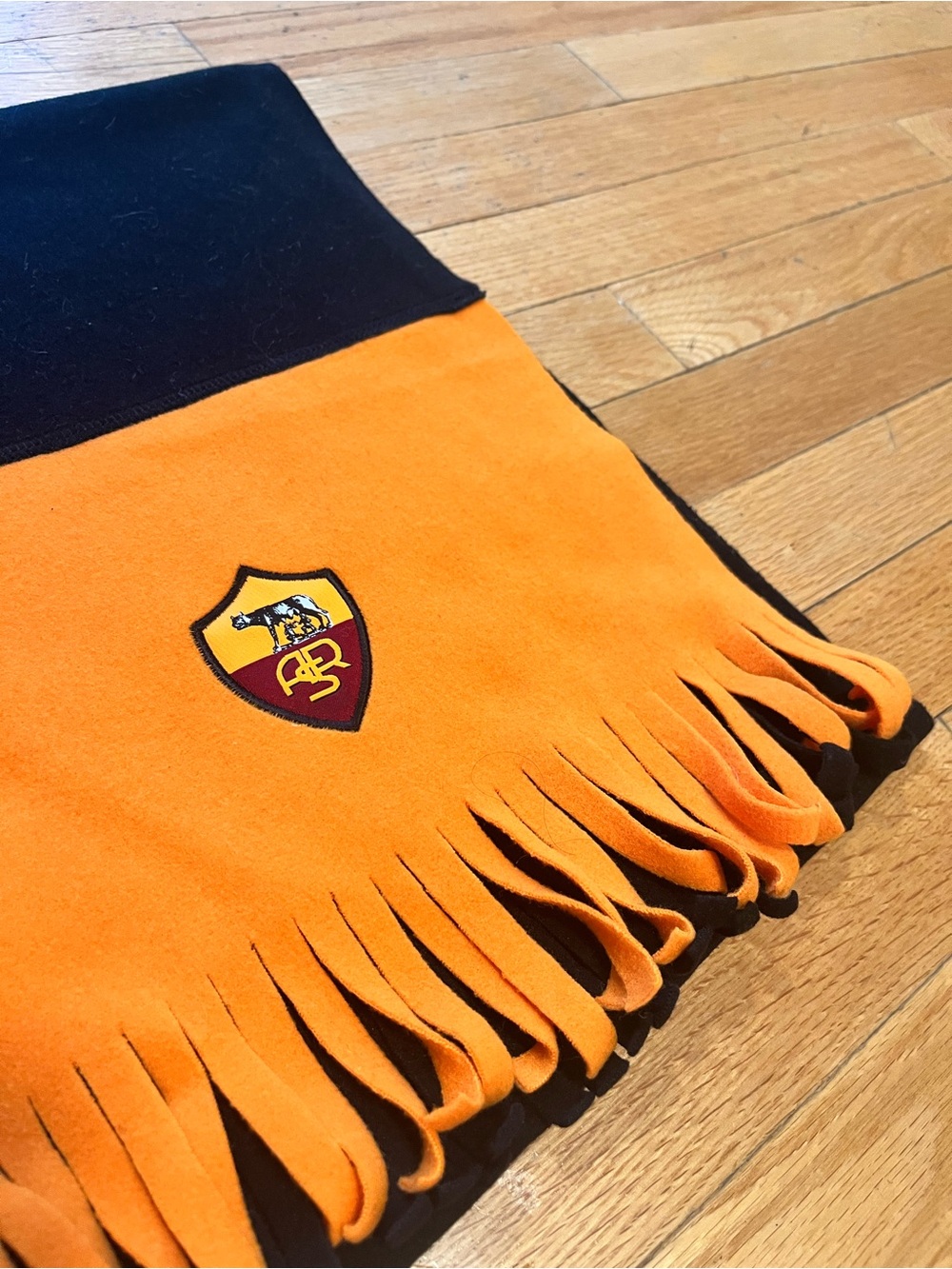 Diadora AS Roma Soccer Scarf- Orange & Black Fleece with Crest and Fringe